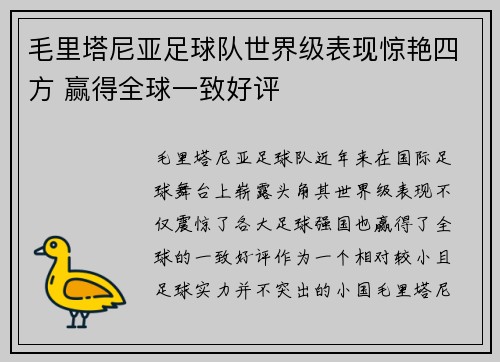 毛里塔尼亚足球队世界级表现惊艳四方 赢得全球一致好评