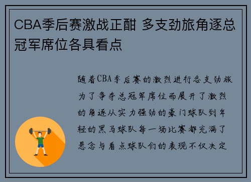CBA季后赛激战正酣 多支劲旅角逐总冠军席位各具看点