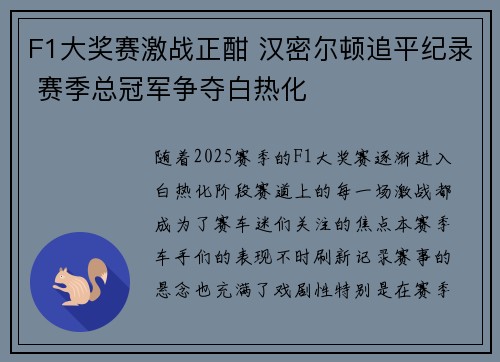 F1大奖赛激战正酣 汉密尔顿追平纪录 赛季总冠军争夺白热化