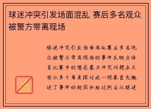 球迷冲突引发场面混乱 赛后多名观众被警方带离现场