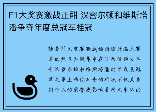 F1大奖赛激战正酣 汉密尔顿和维斯塔潘争夺年度总冠军桂冠