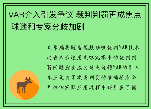 VAR介入引发争议 裁判判罚再成焦点 球迷和专家分歧加剧
