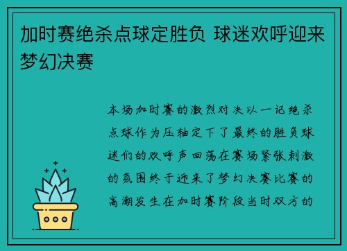 加时赛绝杀点球定胜负 球迷欢呼迎来梦幻决赛